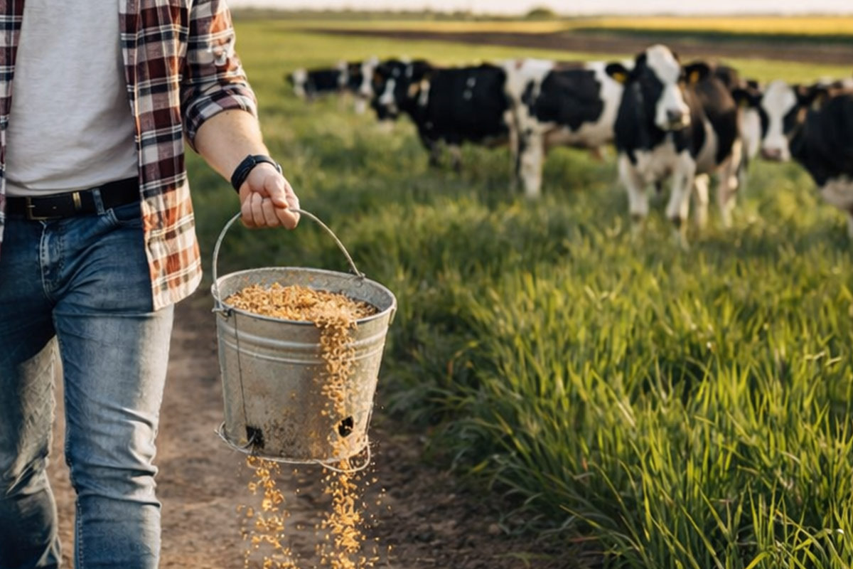 Farmer spilling feed with cows in background